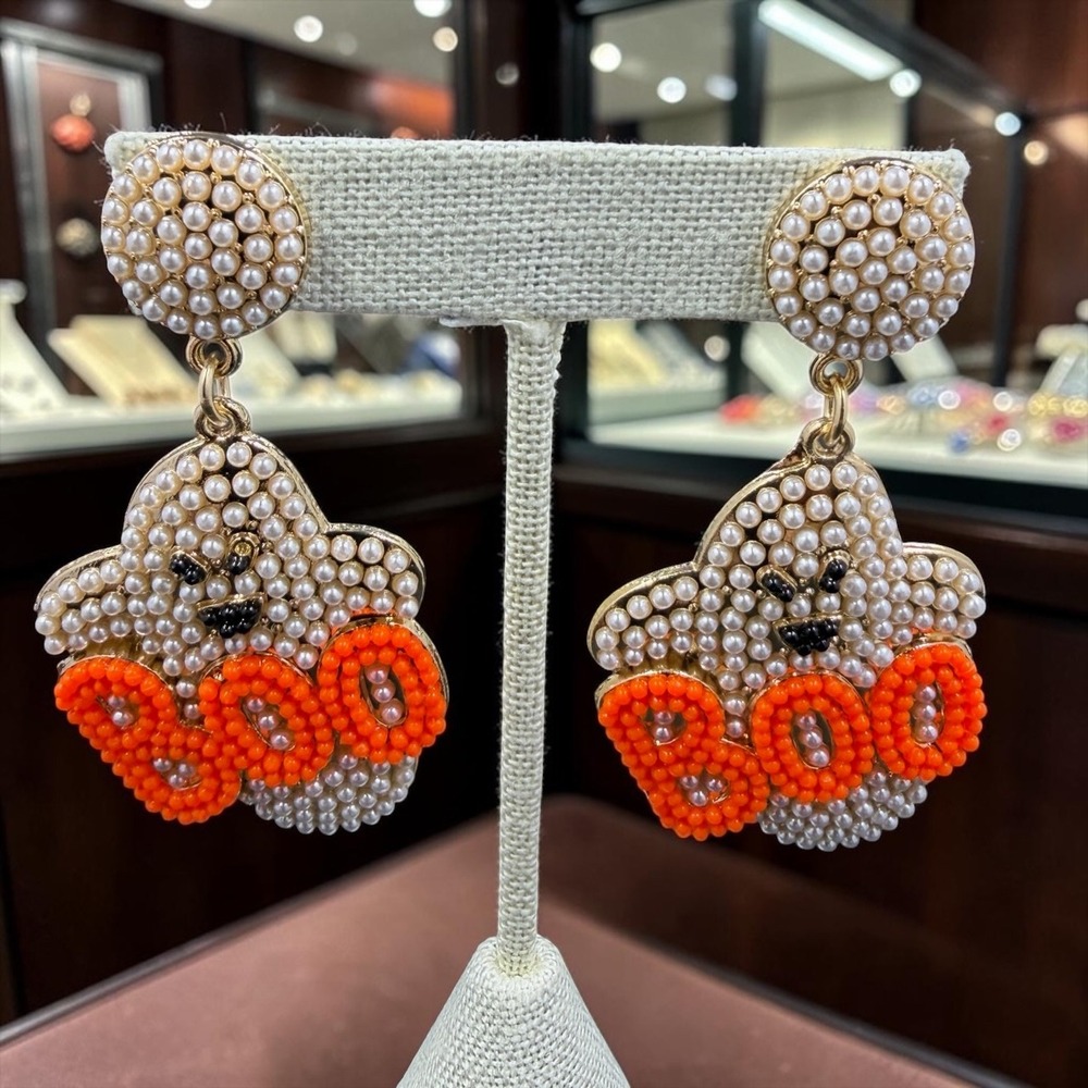 Halloween Ghost BOO Pearl Beaded Earrings Orange Spooky Season Statement NWT